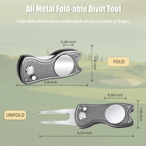 Mile High Life Golf Divot Repair Tool, All Metal Foldable Divot Tool with Pop-up Button & Magnetic Ball Marker, 2-6 Pack - color: Black/Gray