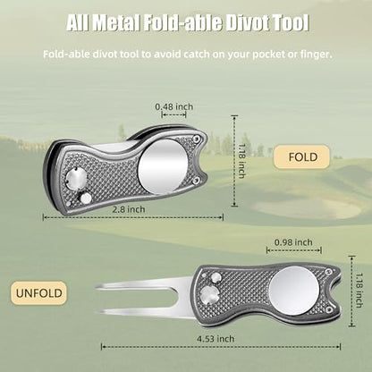 Mile High Life Golf Divot Repair Tool, All Metal Foldable Divot Tool with Pop-up Button & Magnetic Ball Marker, 2-6 Pack - color: Black/Gray