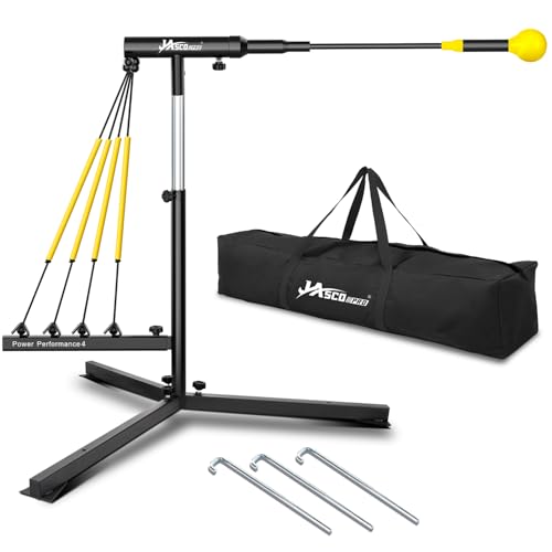 Baseball Hitting Trainer with 4 Power Bands,Auto Reset Softball Swing Trainer For Batting,Hitting Practice,Height Adjustable 31-47 inch Baseball Training Equipment With Metal Stakes & Carry Bag