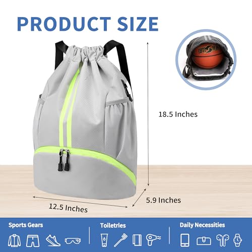 JELUTAR Drawstring Backpack Gym Bag with Shoes Compartment for Soccer, Basketball, Swim, Water-Resistant String Backpack Beach Cinch for Women Men, Grey