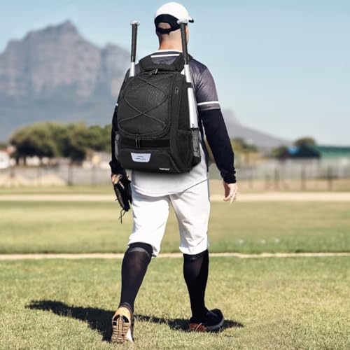 DAFISKY Baseball Bag Softball Backpack - Youth Adult T Ball Bat Equipment Bag with Bat Helmet Holders, Shoe Compartment - color: Black