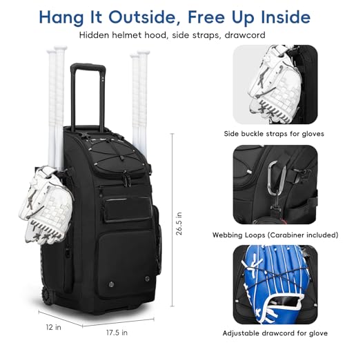 KAVIGOR 80L Rolling Baseball & Softball Bag for Youth & Adult, Holds 3 Gloves & 4 Bats, Custom Team Panel, Travel Ball Ready - color: Black