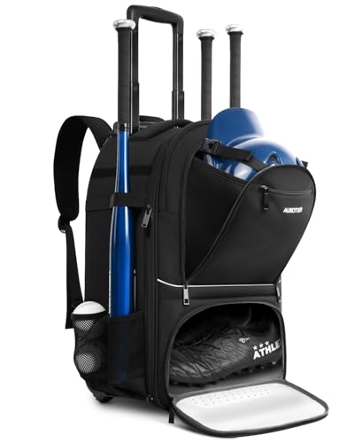 AUROTIER Rolling Baseball Backpack with Off-road Wheels, Wheeled Catchers Gear Bag for Baseball Equipment, 4 Bats, Large Softball Bag for TBall, Helmet & Accessories with Fence Hook - color: Black
