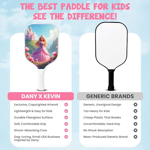 Kids Pickleball Paddle Designed for Ages 3–12 | Lightweight Fiberglass (0.37 lbs) | Small Grip for Easy Control | Fun Beginner Gift for Girls, Toddlers & Youth - color: Princess