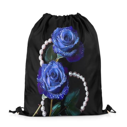 Castle Fairy Rose Flower Drawstring Backpack,Luxury Pearls Jewels Waterproof Sports Gym Bag,Princess Style Large Capacity for Travelling,Swimming,Beach,Black Blue - color: Black Blue
