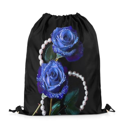 Castle Fairy Rose Flower Drawstring Backpack,Luxury Pearls Jewels Waterproof Sports Gym Bag,Princess Style Large Capacity for Travelling,Swimming,Beach,Black Blue - color: Black Blue