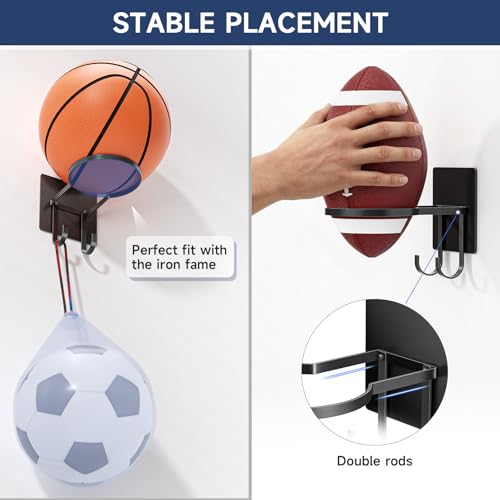 Ball Holder Wall-Mount with Hook,Ball Storage Stand Display Rack for Basketballs, Football, Soccer, Volleyball Collection, Sports Accessories Organizer(1 Pcs)