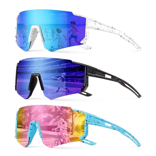 3PACK Kids Sunglasses Youth Baseball Sunglasses for Boys Girls Age 4-12,Softball Sports Cycling Goggles UV Protection - color: A01-deep Blue+blue+pink