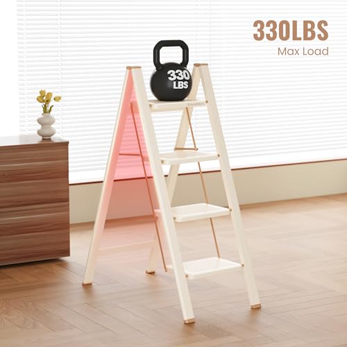 4 Step Ladder, 4 Step Stool for Adults, Folding Step Ladder with Secure Footing, Widened Pedal, Aesthetically Pleasing Looking, Blends Right into Domestic Rooms, Cream Chocolate - size: 4 Step