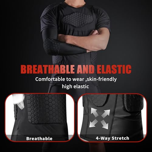 Mens Padded Compression Shirt Football Rib Protectors 6-Football Pads Chest Protector Padded Shirt Protective Gear for Football Baseball Basketball - size: Medium, style: Black
