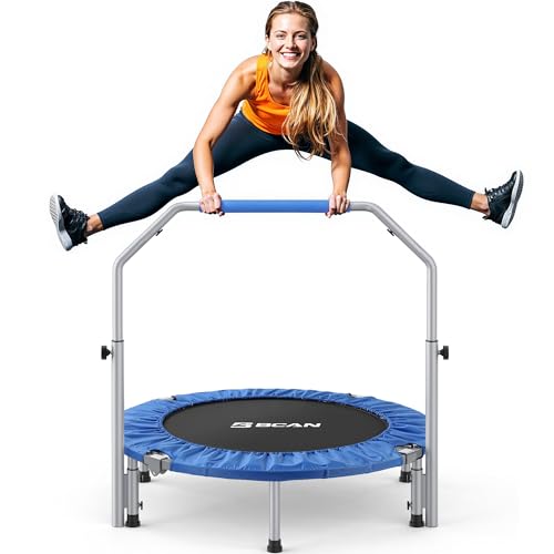 BCAN SP2 40/48" Foldable Mini Trampoline Max Load 330lbs/440lbs, Fitness Rebounder with Adjustable Foam Handle, Exercise Trampoline for Adults Indoor/Garden Workout | FED Fitness - color: Blue, size: 40-inch