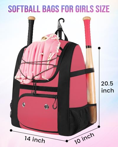MATEIN Softball Bag, Lightweight Baseball Backpack with Shoe Compartment, Baseball Bag with Fence Hook for TBall Bat & Equipment, Softball Gifts Catchers Backpack for Women Fit Catcher’s Mitt, Helmet - color: Pink Black - Large