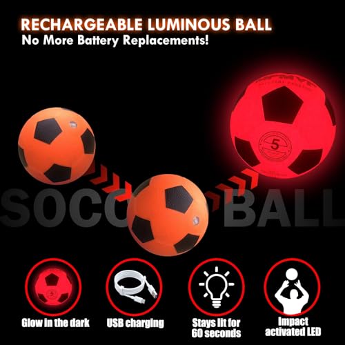 Glow in The Dark Soccer Ball - Water-Resistant, Official Size 5, Light Up with Every Kick, Includes Pump, Manual & Extra Batteries - Perfect Soccer Gifts for Kids and Teen Boys