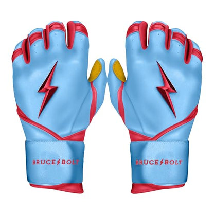 BRUCE BOLT Signature Series Long Cuff Batting Gloves - Pro-Athlete Collection - Adult & Youth Sizes - color: Bader/Baby Blue, size: Small