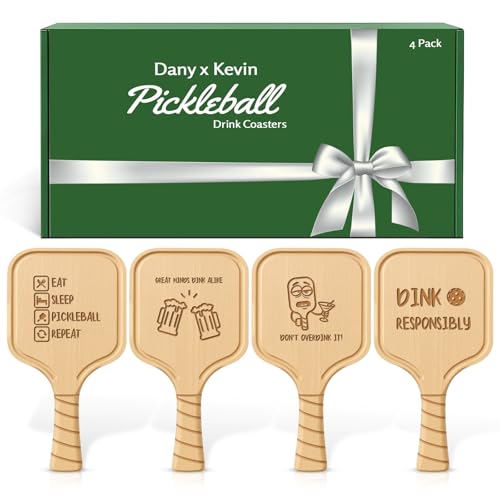 Pickleball Paddle Drink Coasters Set of 4 – Witty Drink Sayings Gift for Pickleball Lovers, Men & Women – Premium Birch Wood, Funny Bar Coasters, Gift-Ready Box for Birthdays, Mother’s & Father’s Day