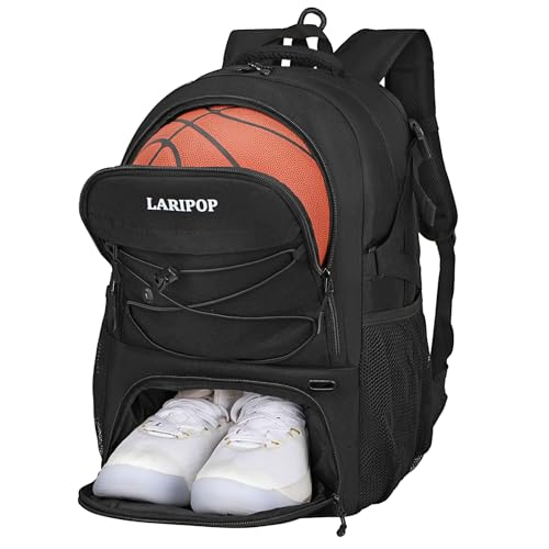 LARIPOP Basketball Backpack Large Basketball Bag with Ball Holder & Shoe Compartment for Youth Adults Men Women - color: Black