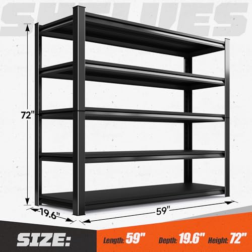 Garage Shelving, 5-Tier Garage Storage Shelves, 2000LBS Heavy Duty Shelves, 72" H x 59" W x 19.6" D Metal Shelving Unit, Utility Adjustable Storage Shelf for Warehouse, Basement, Closet - size: 72"H x 59"W x 19.6"D