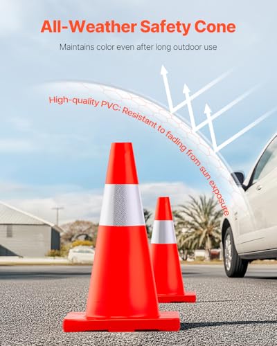VEVOR 12Pack 18" Traffic Cones, Safety Road Parking Cones PVC Base, Orange Traffic Cone with Reflective Collars, Hazard Construction Cones for Home Traffic Parking - size: 18"(12Cones)