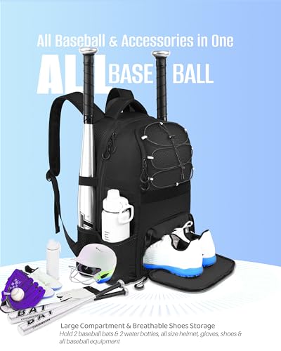 COMECOI Softball Bag, Lightweight Baseball Backpack with Shoes Compartment, Baseball Bat Bags with Fence Hook for TBall Bat & Equipment, for Batting Mitten, Helmet, for Girls, Boys, Youth, Adults - color: Black