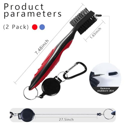 OBTANIM 2 Pack Golf Club Brush Groove Cleaner Tools with Retractable Zip-line Aluminum Carabiner for Golf Club Bag Accessories - color: Red and Blue