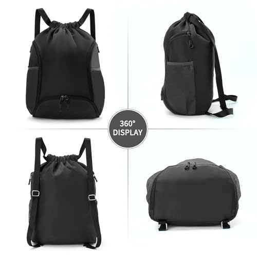 Valleycomfy Sports Gym Bag Drawstring Backpack with Shoes Basketball Bag and Two Water Bottle Holder,Black