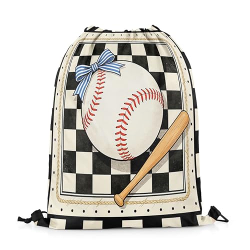 Castle Fairy Baseball Bow Drawstring Backpack Gym Bag,Black White Checkered Cinch Bag,Sports Gaming Foldable Draw String Back Bags Sports Bags,Black Beige - color: Black Beige