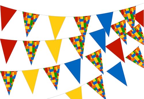 Building Block Themed Triangular String Flags, 24PCS Colorful Block Bunting Banner, 27ft Total Length, Waterproof Polyester Pongee, Birthday Party Decor for Kids - color: B