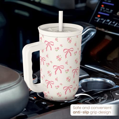 Bow Tumbler with Handle 40oz, Stainless Steel Insulated Tumblers Coffee Travel Cup with Slider Straw Lid, Gifts for Women Teen Girls Birthday - color: Bow