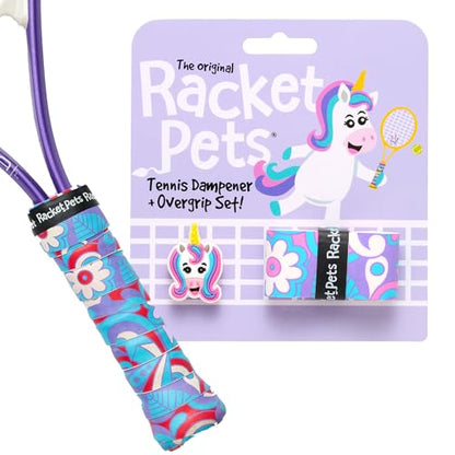 Racket Pets Kids Tennis Racket Dampener & Matching Overgrip Tape, Performance Shock Absorbing Dampener for Tennis Racket & Fun Animal Print Tennis Wrap Grip Tape - style: Unicorn