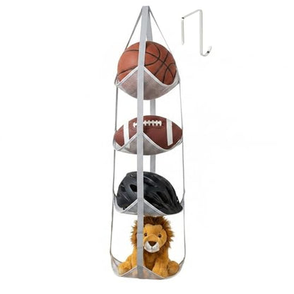 4-Tier Over the Door & Wall Mountable Sports Ball Organizer - Hanging Mesh Rack for Basketball, Helmets, Sneakers & Toys - 12" Extra Wide Pocket Storage for Garage, Nursery & Kids Room, Grey