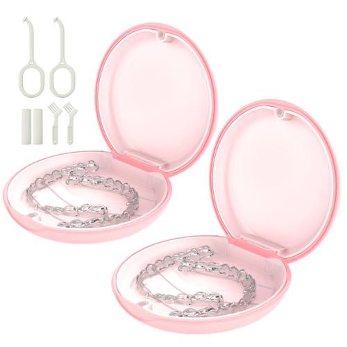 2 Pack Retainer Case, Compatible with Invisalign, Slim Aligner Case with Removal Tool, Aligner Seaters & Brush, Pocket Size Secure Magnetic Closure for Travel - Pink & Clear Silicone - color: 2 Pack - Pink