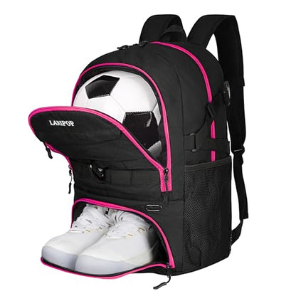 LARIPOP Soccer Backpack with Ball Holder & Shoe Compartment Large Capacity Youth Sports Bag for Training - color: Rose Red
