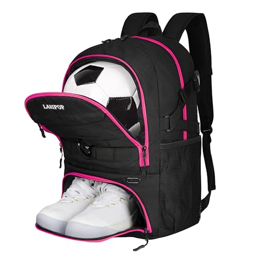 LARIPOP Soccer Backpack with Ball Holder & Shoe Compartment Large Capacity Youth Sports Bag for Training - color: Rose Red