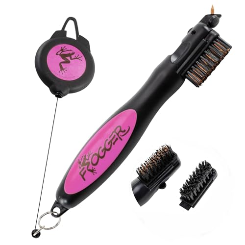 Frogger BrushPro Golf Club Cleaner with Ergonomic Grip and 2.5 ft. Retractable Cord - Sturdy Golf Club Brush and Groove Cleaner for Golfers - color: Pink