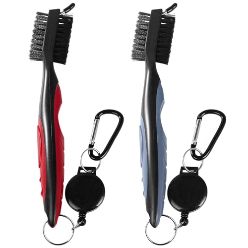 OBTANIM 2 Pack Golf Club Brush Groove Cleaner Tools with Retractable Zip-line Aluminum Carabiner for Golf Club Bag Accessories - color: Red and Gray