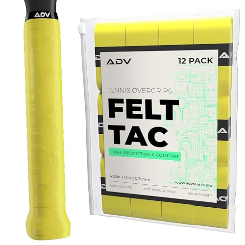 ADV Dry Tennis Overgrip Tape - 3, 6, 12, 30, 60 Pack - FeltTac Tennis Racket Grip Tape - Ultra Absorbent Tennis Grip Tape - Comfort Tennis Racket Grips - Tennis Grips Overgrip - color: 12-Pack Yellow