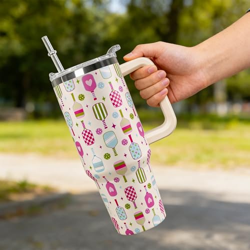 Ceovfoi 40 oz Pickleball Coffee Mug Vacuum Insulated Travel Tumbler with Handle, Lid & Straw - Perfect Pickleball Gifts for Players, Coaches, Lovers | Pickleball Accessories - color: Pickleball