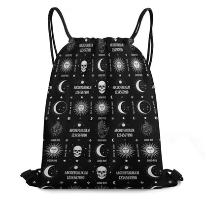 Waterproof Drawstring Bag Gym Sack Sports Backpack for Hiking Swimming Beach Yoga Gear Lightweight Unisex, Skull Moon Sun Gothic Witch Board Seamless Black Bags - color: Picture (358)