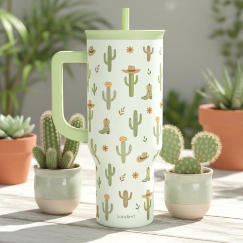 SANDJEST Cactus 40oz Tumbler with Handle and Straw, Insulated Stainless Steel Travel Coffee Mug for Women Girls, Gift Idea for Birthday Christmas Mothers Day - color: Cactus