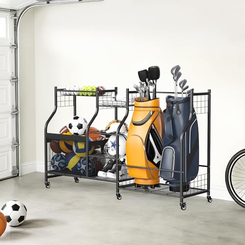 WALMANN Golf Bag Storage Rack with Wheels, Rolling Sports Equipment Organizer, Large Capacity Garage Storage Cart for Balls, Golf Bags