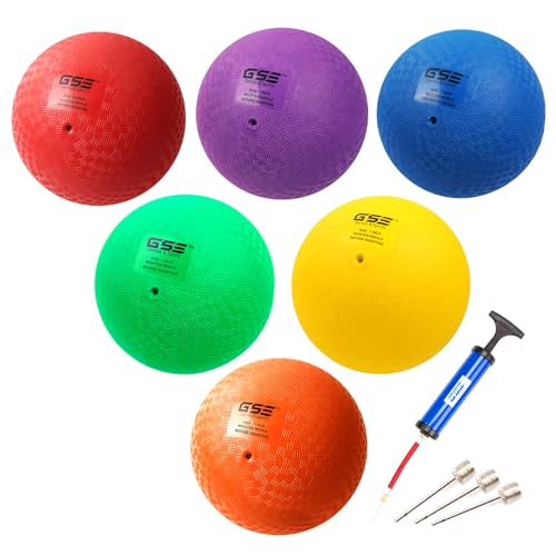 GSE Games & Sports Expert 5"/7"/8.5"/10" Inflatable Playground Ball, Kickball, Bouncy Dodge Ball, Handball for Kid/Adult, Perfect for Recess Ball Games, Gym, Yoga Exercises, Schools Sports Activities - color: Set of 6 with Pump, style: 7-Inch