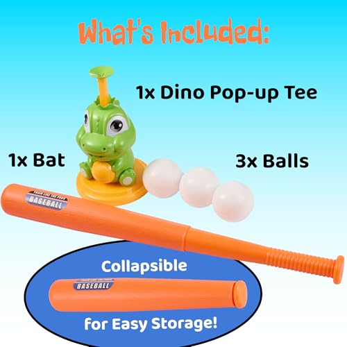 Pop-Up T-Ball Set, Green Dinosaur Tee with Bat and 3 Balls, Indoor Outdoor Baseball Training Toy for Kids Ages 3-8