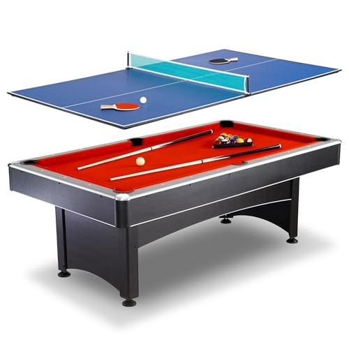Hathaway Maverick 7 Foot Pool Table with Table Tennis Top – with Accessories for Both Games – Space-Saving Ping Pong and Pool Table Combo for Families – Matte Black Finish - color: Black with Red Felt