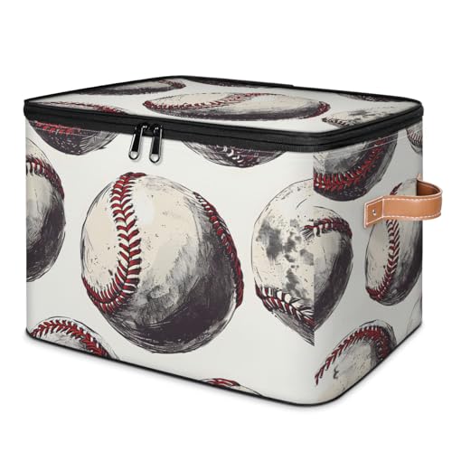 White Sport Ball Baseball Storage Bins Storage Basket with Zipper Lid & Leather Handle Foldable Storage Box Storage Cube Bin Clothes Organizer for Clothes Books Storage Bins Decorative 10.4x14 In - color: White Sport Ball Baseball