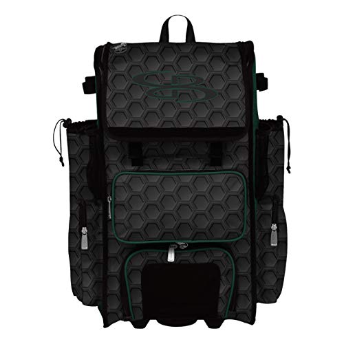 Boombah Rolling Superpack 2.0 3DHC Baseball/Softball Gear Bag - 23-1/2" x 13-1/2" x 9-1/2" - Multiple Colors - Telescopic Handle and Holds 4 Bats - Wheeled Version - color: Black/Dark Green