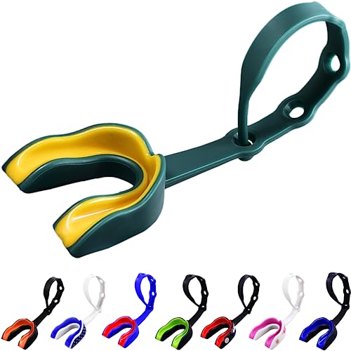 Oral Mart Strapped Mouth Guard for Football, Lacrosse, Ice Hockey, Taekwondo (USA Flag, Fangs, 15+ Colors to Choose from) - Sports Mouthguard with Fixed Strap (Strapped, Youth or Adult) - color: Green Armor, size: Youth (Age 12 & Below)