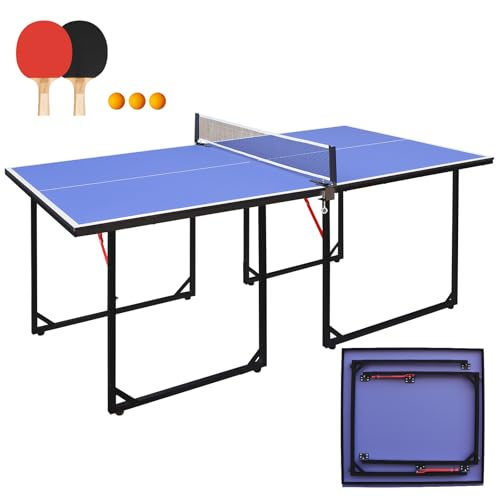 4.5/6ft/9ft Mid-Size Portable Ping Pong Tables Set, Foldable Table Tennis Table with Net,2 Paddles & 3 Balls, Multi-Use Free Standing Ping Pong Table for Indoor/Outdoor