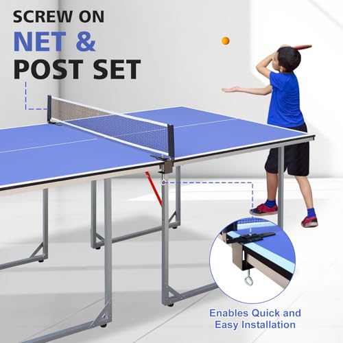 Foldable Ping Pong Table Portable 4.5FT/6FT/9FT Indoor MDF Table Tennis Table Multi-Purpose Family Game Table with Net, 2 Paddles and 3 Balls for Kid Teenager Adult - color: 6FT Blue White