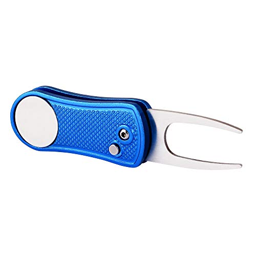 Mile High Life Golf Divot Repair Tool, All Metal Foldable Divot Tool with Pop-up Button & Magnetic Ball Marker - color: Blue Undulate