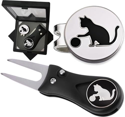 Adhere Golf Ball Markers Personlized Double Side Cute cat Logo Enamel with A Magnetic Hat Clips,A Premium Golf Gifts. - color: A-Ball Markers & Divot Tool Gift Set